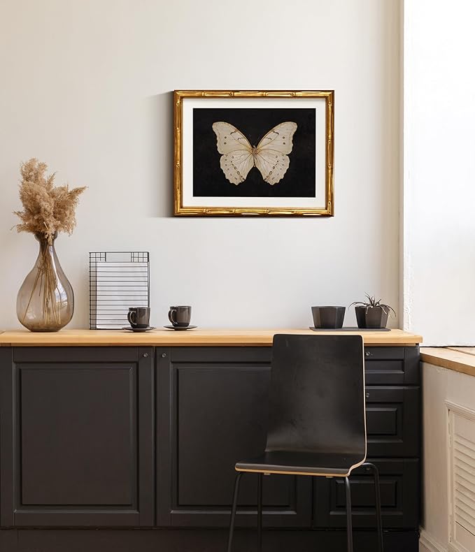 InSimSea Gold Bamboo Framed Canvas Wall Art, Retro White Butterfly Animal Paintings, Antique Vintage Picture Frame with Mat, Victorian Home Wall Decor for Living Room Bedroom Gallery, 11x14inch