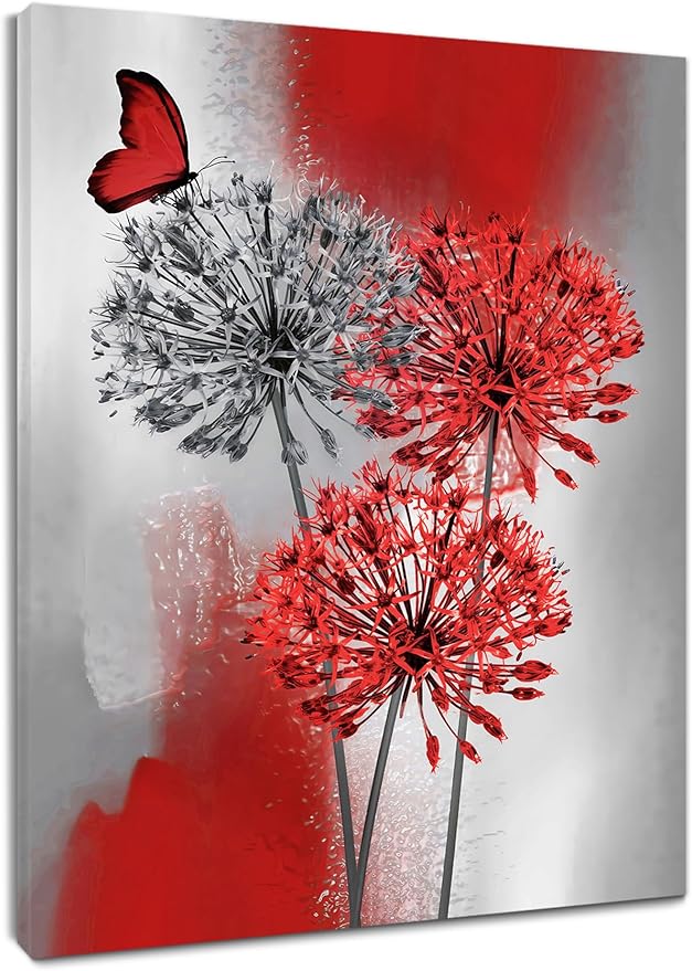 LB Red Dandelion Floral Wall Art Red and Grey Flower Butterfly Canvas Wall Art Modern Abstract Wall Decor for Bedroom Living Room Bathroom Framed Ready to Hang 10L x 8W