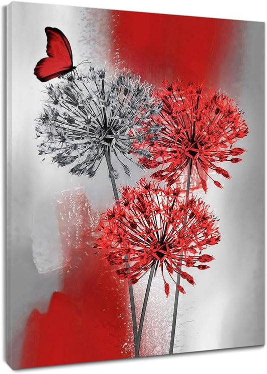 LB Red Dandelion Floral Wall Art Red and Grey Flower Butterfly Canvas Wall Art Modern Abstract Wall Decor for Bedroom Living Room Bathroom Framed Ready to Hang 10L x 8W