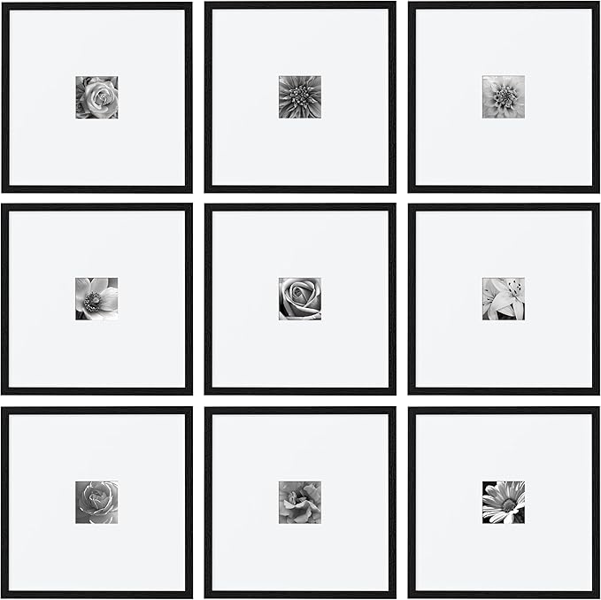 eletecpro 16x16 Picture Frames Set of 9, Classic Gallery Wall Frame Set for 4x4 Photos with Mat or 16x16 without Mat, Large Picture Frame for Art Prints, Black Poster Frames for Home Decor Wall