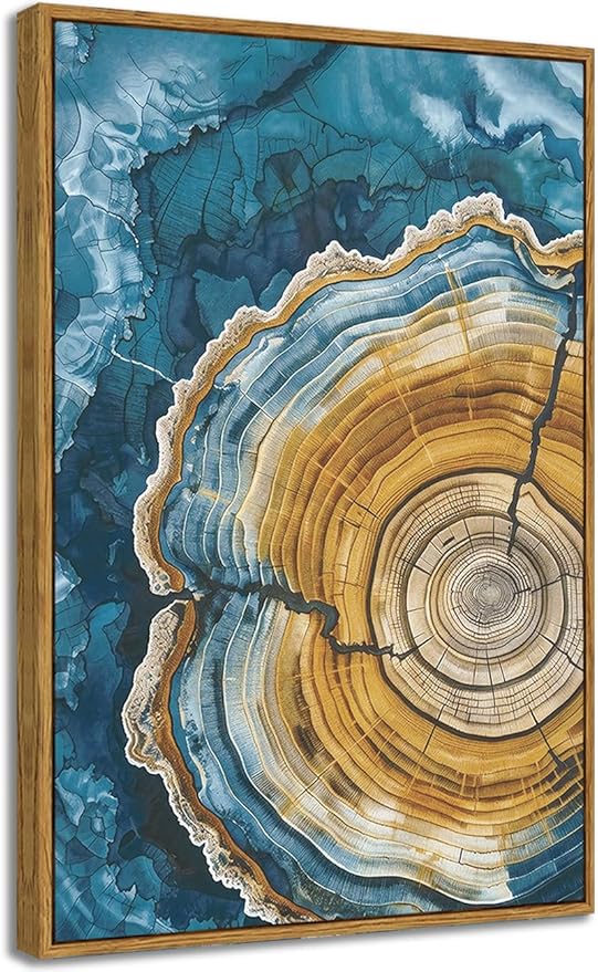 BingruiArt Framed Tree Ring Canvas Wall Art Abstract Wood Wall Decor Boho Modern Colorful Nature Painting Wood Stump Prints Pictures for Living Room Bedroom Bathroom Office 16"x24" Natural Framed(07)