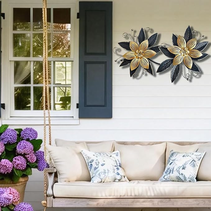 LIFFY Black Wall Decor,15" 3D Multi-layer Metal Flowers Wall Decor, Rustic Modern Floral Sculpture for Indoor Kitchen Bedroom Living Room Office Outdoor Garden Patio