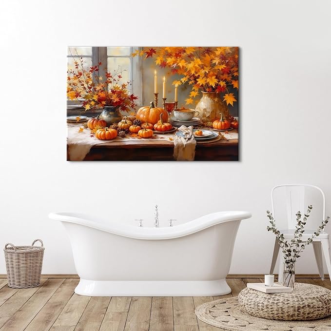 Rustic Pumpkin Wall Art Fall Themed Maple Leaves Wall Decor Farmhouse Autumn Painting Vintage Farm Fall Harvest Canvas Prints Still Life Pictures Artwork for Kitchen Dining Room Home Decoration 32x48"