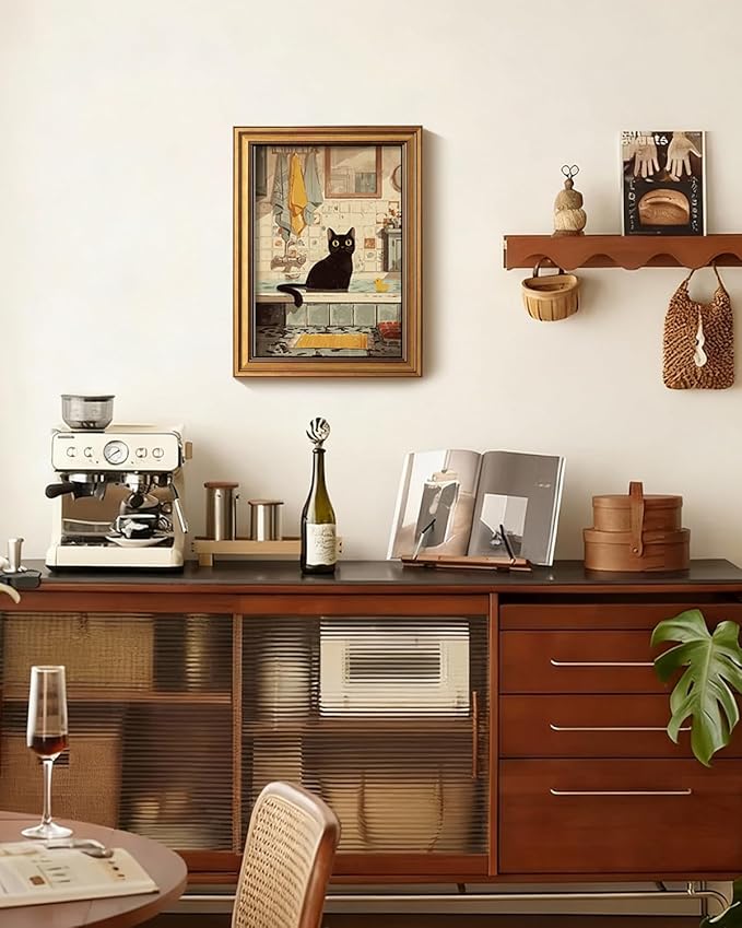HUARCEY Gold Framed Canvas Wall Art, Bathroom Cat Vintage Decor, Bathroom Shelf Vintage Decor Aesthetic, Retro Decoration for Bathrooms Bedroom Living Room, 12x16Inch