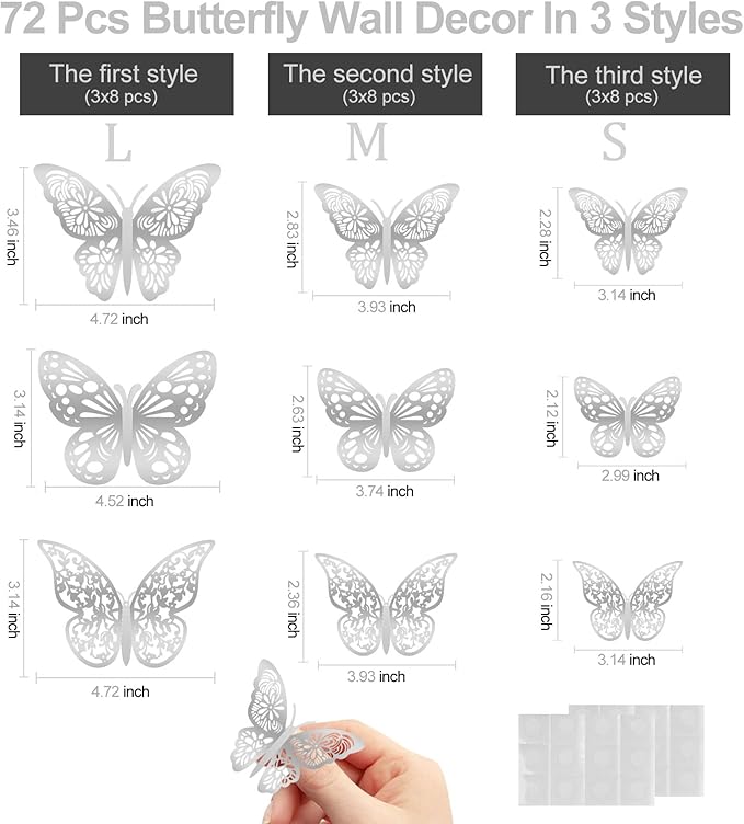 72 Pcs 3D Butterfly Wall Decor - 3 Styles, 3 Sizes, Silver, Wedding & Birthday Party Decorations
