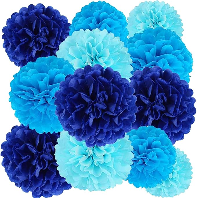 We Moment Navy Blue,Blue and Light Blue Paper Pom Poms Decorations for Wedding Birthday Party DecorationCeiling Wall Hanging Tissue Flowers Decorations - 12pcs,3 Colors of 12 Inch, 10 Inch