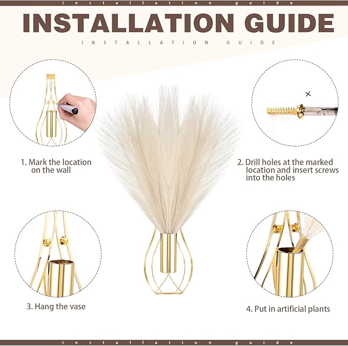 Otoolling 2 Pieces Hanging Plant Wall Decor with Artificial Pampas Grass Metal Hanging Vase Modern Geometric Farmhouse Bohemian Wall Art for Living Room Bedroom Kitchen Bathroom Office(Gold, Beige)