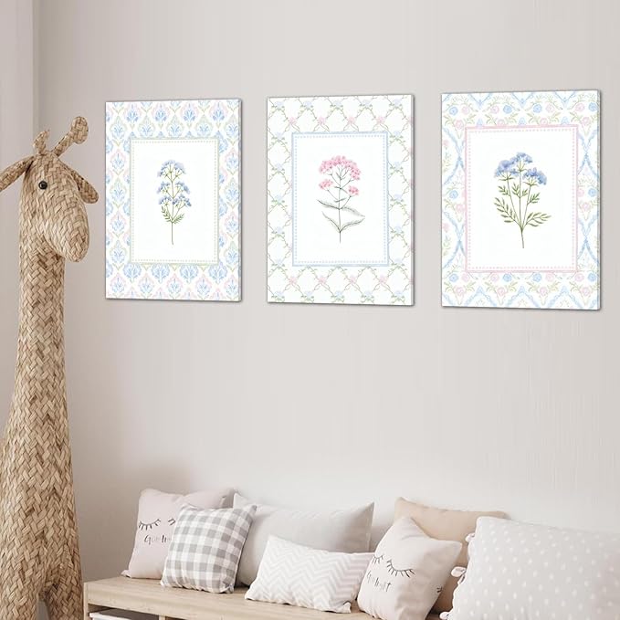 Wildflower Nursery Wall Art Decor Baby Girl Room Canvas Prints Pastel Floral Wall Art Botanical Flower Pictures Pink Blue Wildflower Painting Artwork for Baby Nursery, Kids Room, or Girls Bedroom, Boho Nursery Wall Decor12x Inch Framed