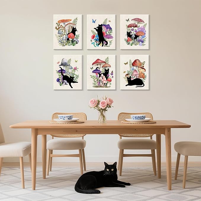 CHDITB Black Cat Canvas Wall Art, Vintage mushroom and cat Wall Decor, Nature Artwork Fantasy Fungus Feline Poster Retro Aesthetic Art Prints For Cats Lover Living Room Bedroom Decor (8X10 Inch)