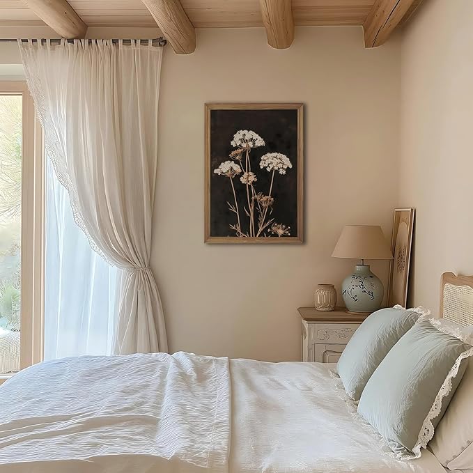 2Pcs Framed Moody Botanical Wall Art with Wood Frame Vintage Queen Anne’s Lace Flower Canvas Paintings Rustic Floral Poster Picture Prints Decor for Farmhouse Living Roomor Bedroom16X24In