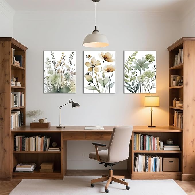Sage Green Botanical Wall Art Set of 3 Boho Floral Art Wall Decor Minimalist Flower Posters Prints Pictures for Living Room Bedroom Bathroom or Entryway Decoration12x16 Inch Framed