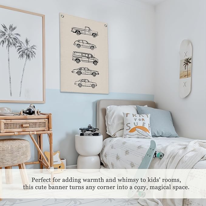 Toddler Boy Room Decor, Vintage Car Wall Decor Canvas Banner,Car Playroom Decor Wall Hanging Flag Banner for Little Boy Bedroom,Playroom Nursery 18x25 Inch