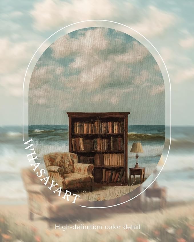 Vintage Framed Coastal Wall Art 12x16 Bookshelf Armchair Ocean View Canvas Print, Library by the Sea Dreamy Reading Nook Wildflower Artwork, Back to School Study Classroom Office Den Decor
