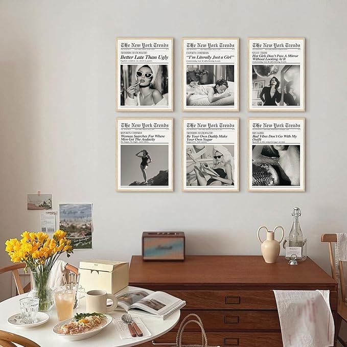 Trendy Feminist Newspaper Wall Art Prints of 6,Retro Black and White Vogue Posters for Room Aesthetic,Audrey Hepbum Fashion Wall Art Bedroom, Vintage Bar Cart Art Feminine Decor for Dorm Apartment,Unframed