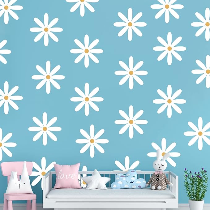 TaoBary 12 Sheet Daisy Wall Sticker Decal Removable Cute Daisy Bedroom Room Decor Flower Wall Sticker Pink White Flower Decal Wallpaper Peel and Stick for Nursery Home(White, Yellow,Fresh Style)