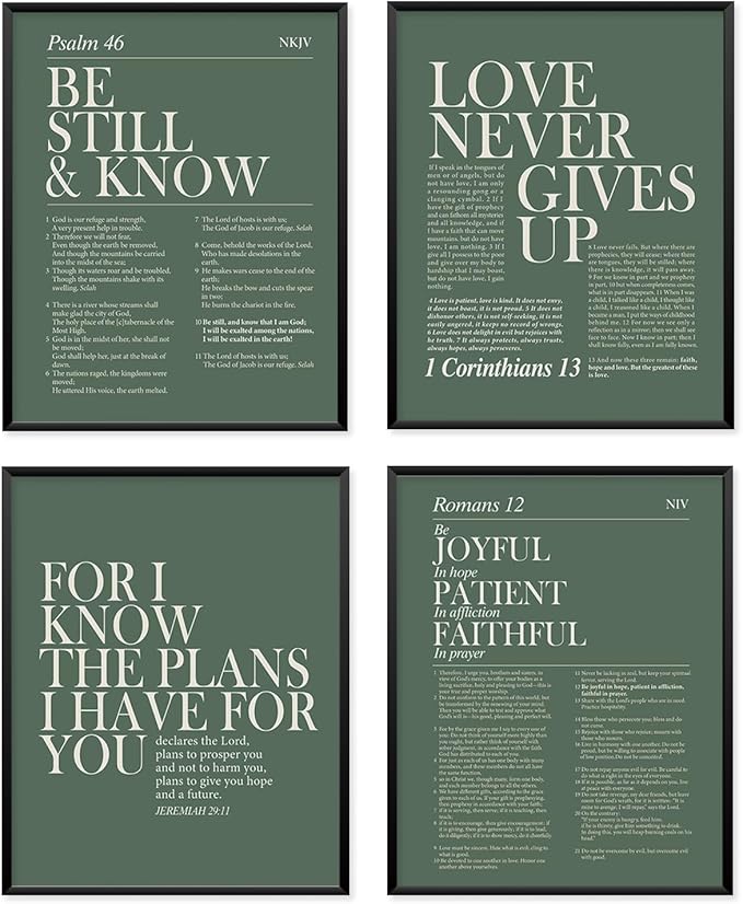 Locomiss Sage Green Christian Wall Art Decor, Modern Bible Verse Prints, Minimalist Jesus Scripture Wall Decor, Green Inspirational Bible Posters for Bedroom Office Living Room,Set of 4(8x10 Unframed)