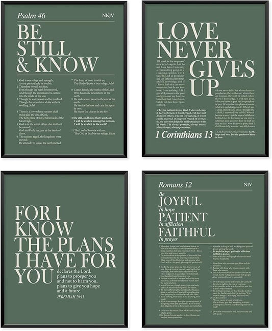 Locomiss Sage Green Christian Wall Art Decor, Modern Bible Verse Prints, Minimalist Jesus Scripture Wall Decor, Green Inspirational Bible Posters for Bedroom Office Living Room,Set of 4(8x10 Unframed)