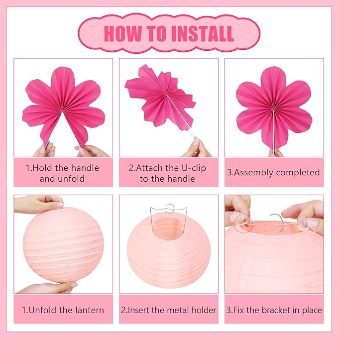 19 Pcs Pink Party Decorations, Light-Hot Pink Hanging Paper Lanterns, Paper Flowers Fans, Tissue Pom Poms, Floral Backdrop Wall Decor for Birthday Baby Showers Bridal Wedding Valentines Classroom