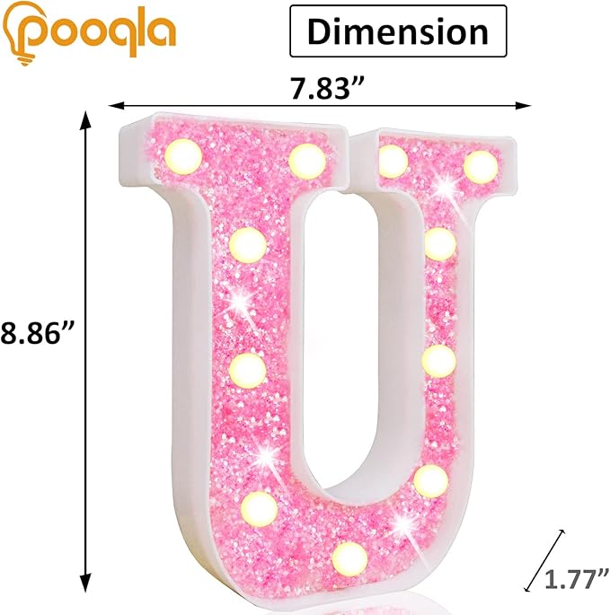 Pooqla LED Marquee Letter Lights, Pink Glitter Light Up Letters Alphabet Sign Battery Powered Night Light, Birthday Party Wedding Girls Gifts, Christmas Room Dorm Bedroom Decoration, Pink Letter U