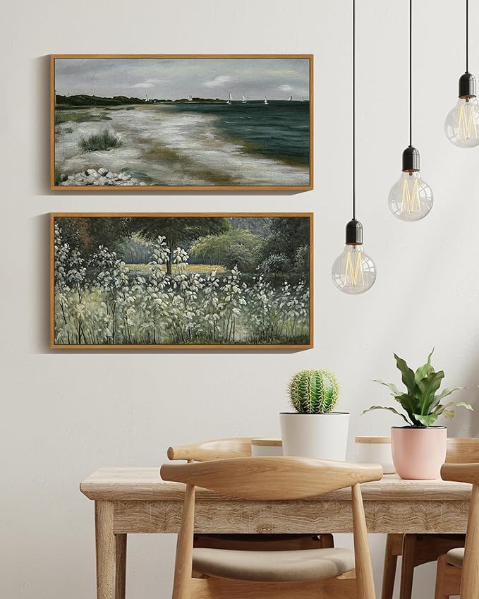 SHENIFY Vintage Framed Wall Art Seaside Coastal Landscape Painting Retro Beach Scenery Farmhouse Kitchen Living Room Decor - 8x16in Natural Framed