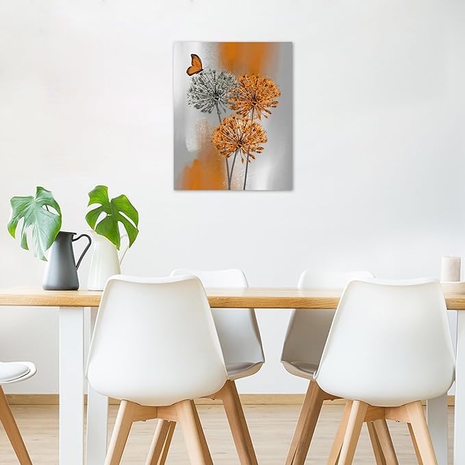 LB Orange Dandelion Wall Art Grey Floral with Butterfly on Vintage Background Canvas Wall Art Retro Abstract Wall Art Decor for Living Room Bedroom Bathroom Office Framed Ready to Hang 20L x 16W
