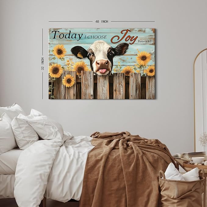 Vintage Funny Cow Canvas Wall Art for Living Room Bedroom Kitchen Decorations 32x48", Today I Choose Joy Pictures Sunflower Wall Decor Christian Bible Verse Poster Painting Farmhouse Prints Artwork