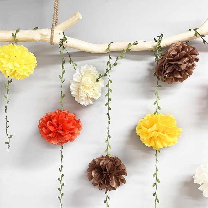 Fall Party Decorations Orange Yellow Brown Beige Tissue Paper Flowers Pom Pom Leaf Ribbon Hanging Garland Streamer for Thanksgiving Harvest Birthday Bachelorette Baby Shower Wedding Party Supplies