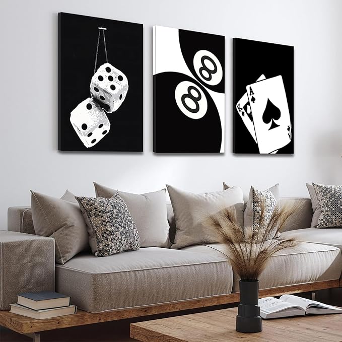 BOKPEN 3Pcs Black and White Poker Dice Canvas Wall Art Lucky You Poster Prints Trendy Funky Preppy Y2K 8 Ball Pictures Artwork Aesthetic Painting for Game Room Apartment Dorm Decor 12x16in canvas