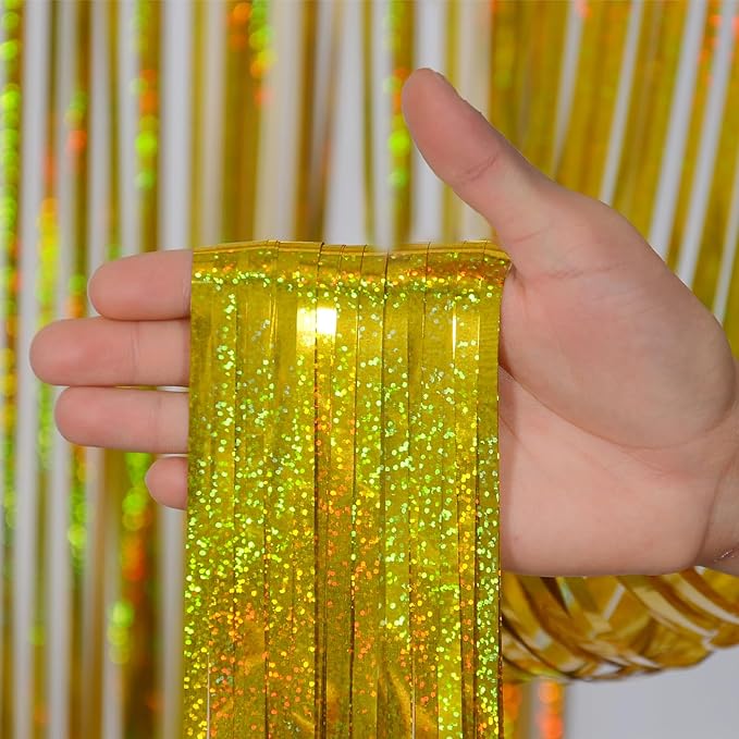 Foil Fringe Curtains st Patricks Day Decorations - Melsan 3 Pack 3.2 x 8.2 ft Gold Tinsel Curtain Party Photo Backdrop for Birthday Party Happy Retirement Baby Shower or Graduation
