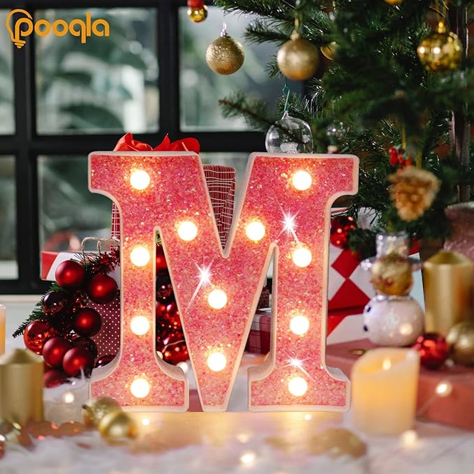 Pooqla LED Marquee Letter Lights, Light Up Pink Letters Glitter Alphabet Letter Sign Battery Powered for Night Light Birthday Party Wedding Girls Gifts Home Bar Christmas Decoration, Pink J