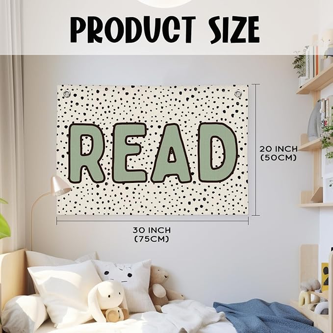Classroom Decor, Sage Green Read Sign Banner, Dots Linen Canvas Wall Hanging Banner Flag Decor for Reading Corner Nook