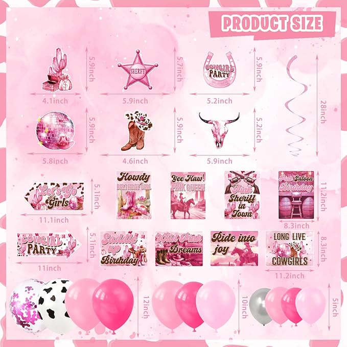 Cowgirl Party Decorations, 144 Pcs Pink Cowgirls Cow Girl Bday Party Decor Supplies for Girls - Backdrop, Banner, Tablecloths, Centerpieces, Paper Glasses, Hat, Stickers, Wall Signs