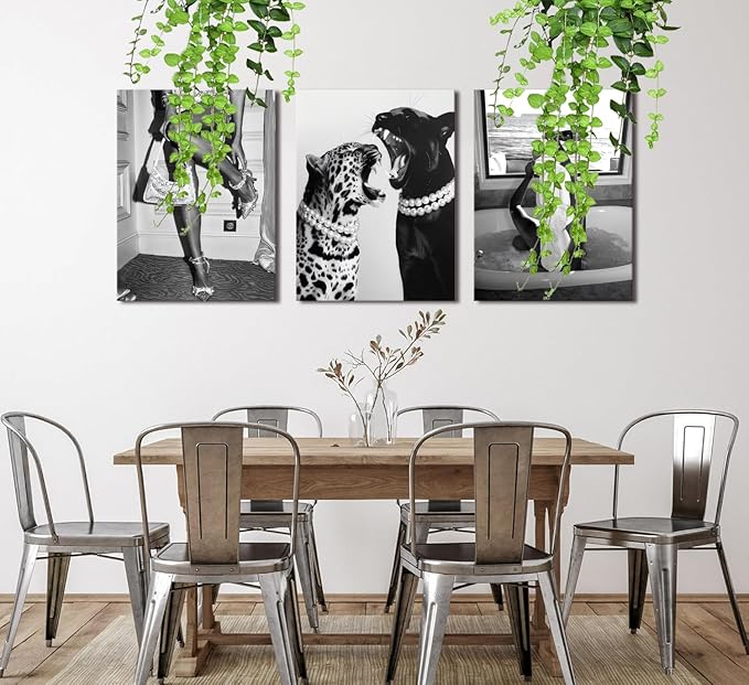 Bathroom Fashion Leopard Print Black and White Canvas Wall Art Trendy Women Posters Paintings Luxury Feminist Pictures Wall Decor for Bedroom Living Room Hallway Home Decoration 12×16 In Framed