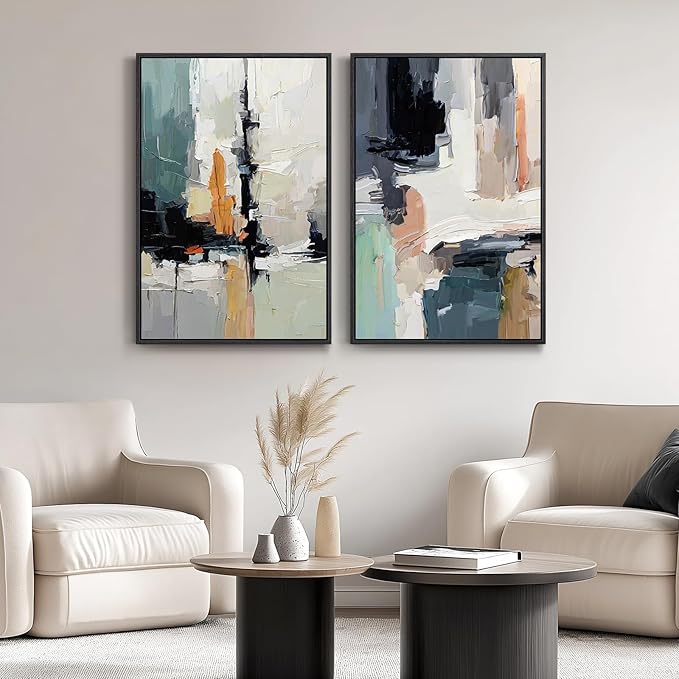 Framed Colorful Abstract Wall Art for Bedroom, Set of 2 Modern Canvas Prints Paintings Artwork for Walls, Bright Blue Green Multicolor Pictures for Living Room, Dining Room, Bathroom Wall Decor 16x24 In
