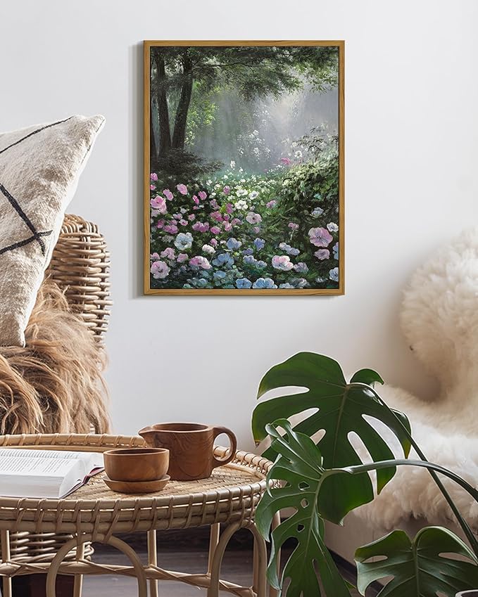 SHENIFY Vintage Floral Framed Wall Art Garden in Flower Scenery Farmhouse Decor Retro Flower Sea Field Painting for Living Room Bedroom Ready to Hang Wall Artwork - 11x14in Natural Framed