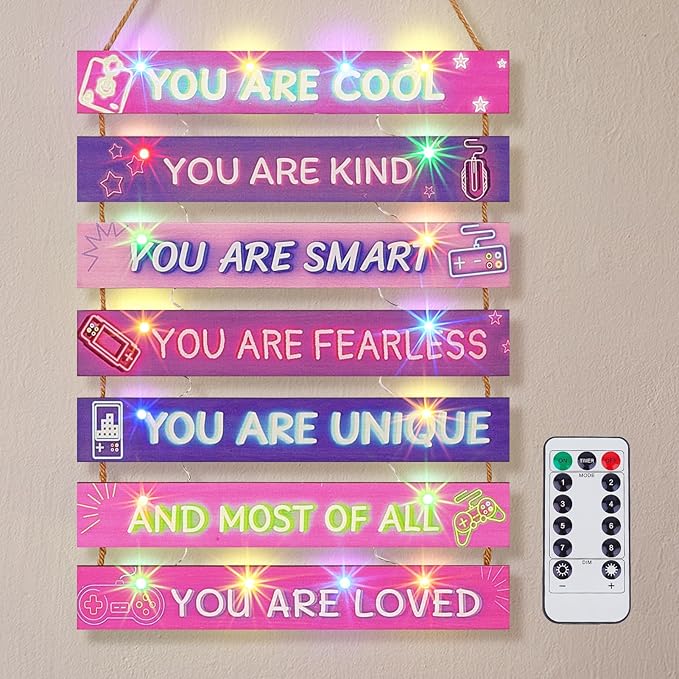 FIOBEE Girls Room Décor for Teen Girls Boys with LED Light Wall Decor for Bedroom Motivational Inspirational Wall Art Girl Room Decoration for Kids Studyroom, 8 Kinds of Lights, Purple Game