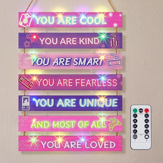 FIOBEE Girls Room Décor for Teen Girls Boys with LED Light Wall Decor for Bedroom Motivational Inspirational Wall Art Girl Room Decoration for Kids Studyroom, 8 Kinds of Lights, Purple Game