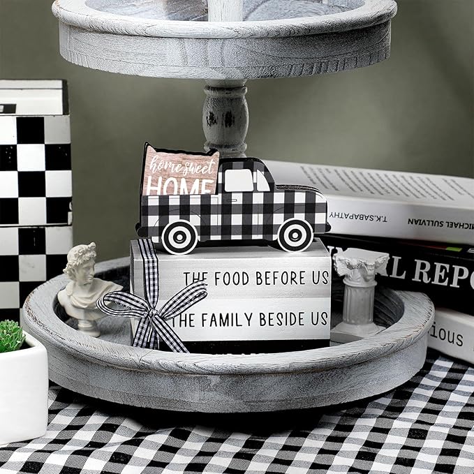 Jetec 4 Pcs Farmhouse Wooden Tabletop Decor Farmhouse Rustic Tiered Tray Decor Home Sweet Home Centerpiece Black and White Truck Buffalo Plaid Tabletop Sign for Kitchen Shelf Desk Decoration