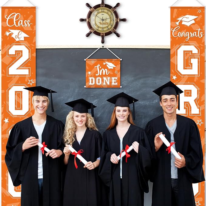 Moukeren 3 Pieces 2026 Graduation Party Decorations Graduation Porch Sign Class of 2026 Grad Hanging Porch Banner Backdrop Door Sign for Grad Party Home Door Wall Decor(Orange)