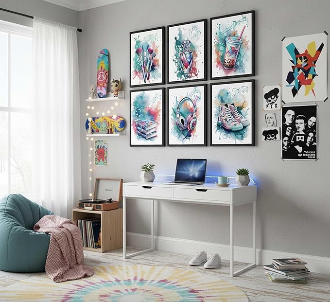Suvinor 6Pcs Teen Girls Bedroom Canvas Wall Art Blue Preppy Perfume Cosmetics Headphones Painting Picture Wall Decor Music Lover Print Artwork for Girl Bedroom Bathroom Dorm Home Decoration Unframed