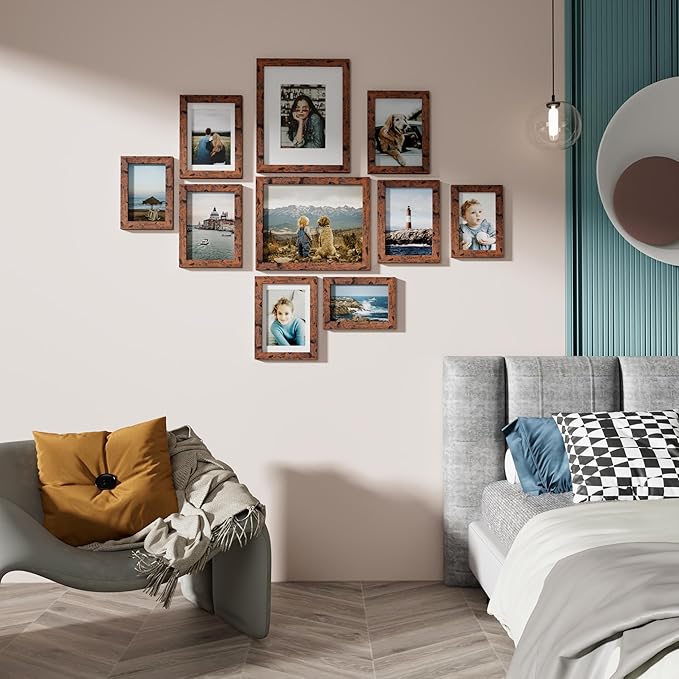 Vittanly Picture Frames Set of 10, Picture Frames Collage Wall Decor with Two 8x10, Four 5x7 and Four 4x6 Photo Frames, Gallery Wall Frame Set for Wall or Tabletop Display, Rustic Brown