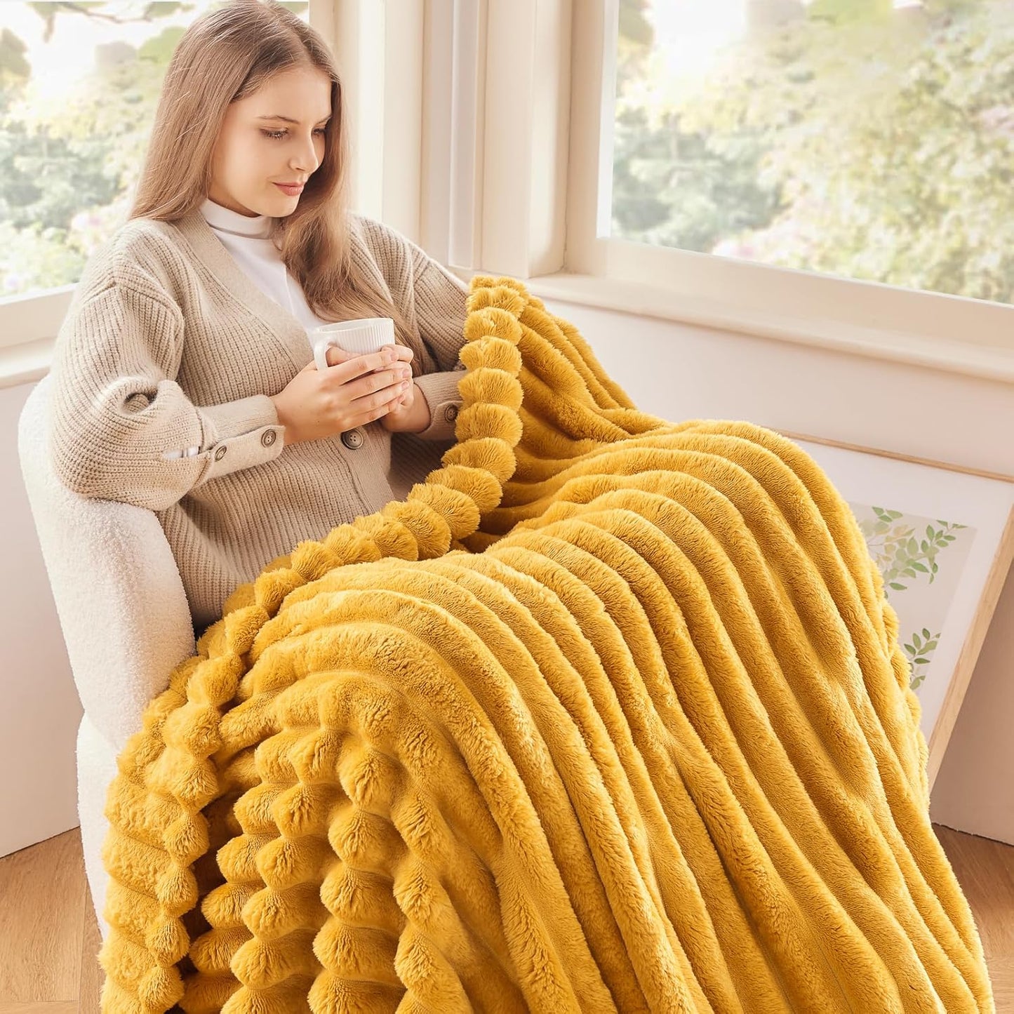NEWCOSPLAY Super Soft Throw Blanket Mustard Yellow Premium Silky Flannel Fleece 3D Ribbed Jacquard Lightweight Bed Blanket All Season Use (Mustard Yellow Ribbed, Throw(50"x60"))