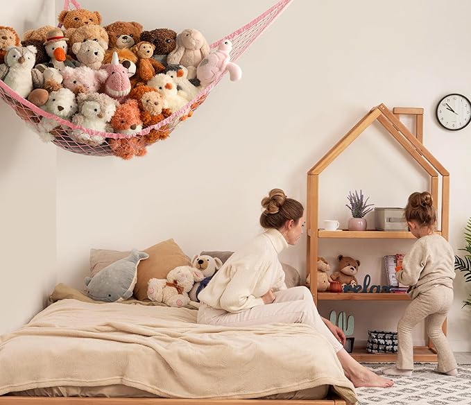 Stuffed Animal Storage Hammock Net Corner - Large Toy Hammock Net for Stuffed Animals Room Decor - Cute Stuff Animal Organizer Holder for Plush Plushie - Kids Baby Nursery Wall Bedroom Home Decor