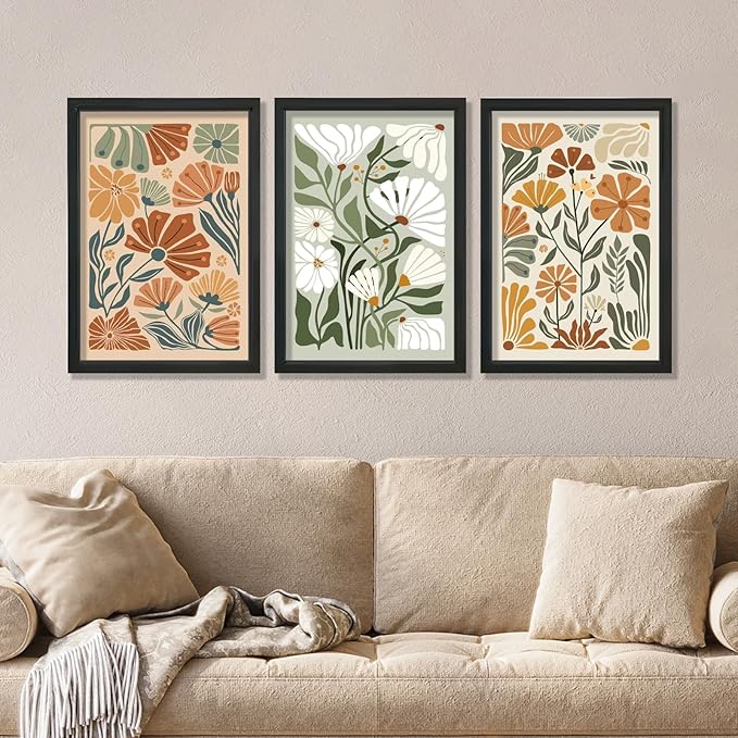YWJKWLGS Wildflowe Floral Botanical Wall Art Print, Boho Flower Wall Decor, 3 Piece, 16x24 Inch, Modern Abstract Wood Framed for Home Living Room Master Bedroom Bathroom Office (Black)
