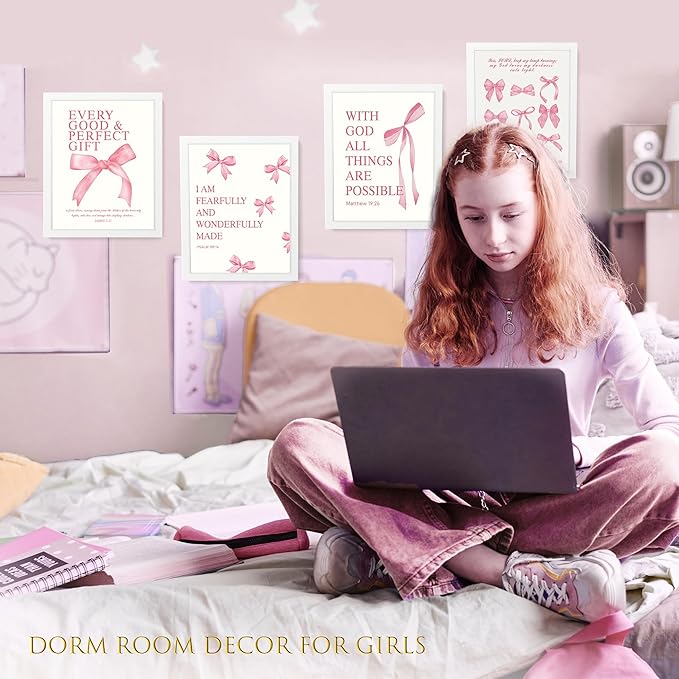 LARTSFRO Coquette Pink Bow Wall Art Decor Posters, Pink Bow Room Bedroom Bathroom Dorm Wall Art Decor Aesthetic for College Teen Girls Gifts, Inspirational Bible Verses Bow Wall Decor, 10x8 Inch Set of 4 Pcs Bow Pictures (WHITE FRAMED)