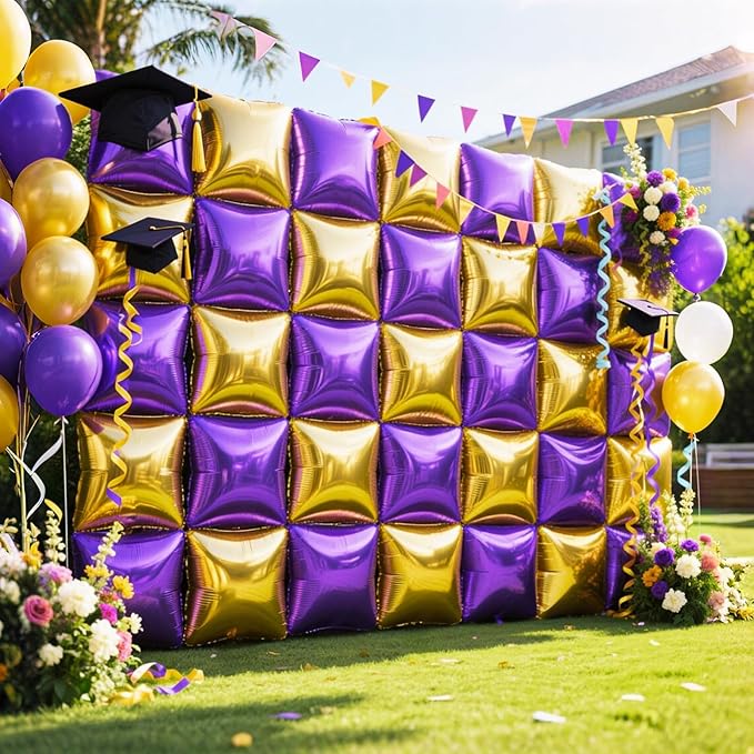NISOCY 25PCS Purple Gold Square Foil Balloons Wall Backdrop Double Sided Gold Purple Balloons Arch Kit for Birthday Anniversary Graduation Prom Engagement Baby Bridal Shower Party Decorations