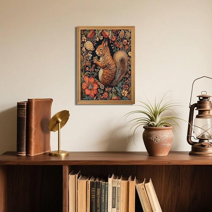 Framed Vintage Squirrel Wall Art, 3D Textured Squirrel Among Flowers Painting Art, Hand Drawn Sandstone Botanical Floral Pictures, Modern Farmhouse Wall Decor for Living Room Bedroom 12x16 inch