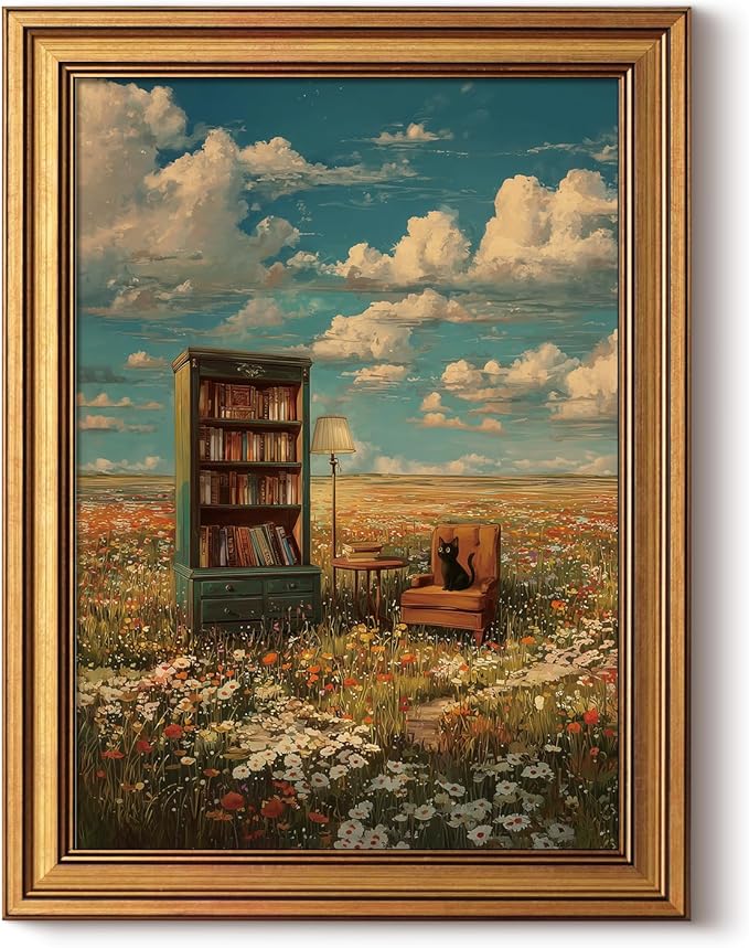 InSimSea Gold Framed Canvas Prints Wall Art, Vintage Country Decor, Flower Field Whimsical Oil Paintings Farmhouse Wall Decor Aesthetic, Rustic Book Pictures for Bedroom Living Room Shelf, 12x16inch