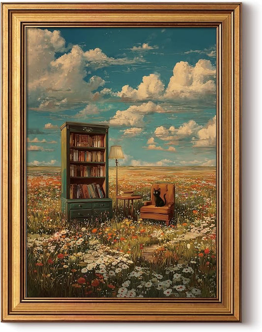 InSimSea Gold Framed Canvas Prints Wall Art, Vintage Country Decor, Flower Field Whimsical Oil Paintings Farmhouse Wall Decor Aesthetic, Rustic Book Pictures for Bedroom Living Room Shelf, 12x16inch