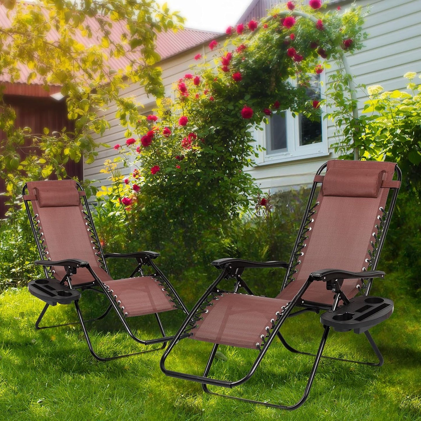 Nazhura Set of 2 Relaxing Recliners Patio Chairs Adjustable Steel Mesh Zero Gravity Lounge Chair Beach Chairs with Pillow and Cup Holder Khaki (Brown)
